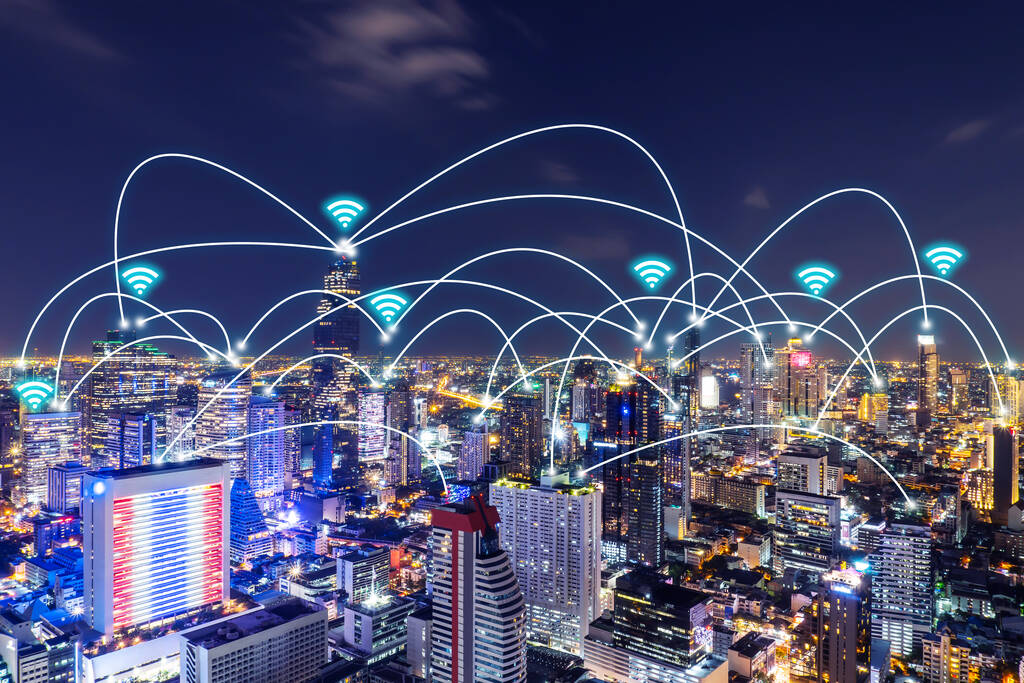 stock photo beautiful panorama cityscape wifi network connection technology concept internet globalization